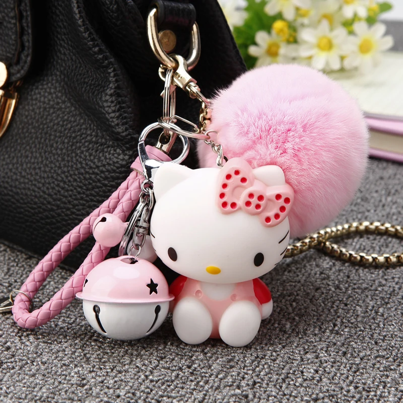 Cartoon Hello Kitty Pink Cat Colorful Bells Bunny Fur Pompom Keychain