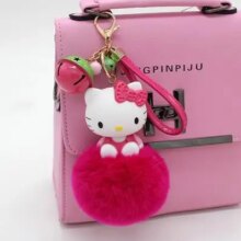 Cartoon Hello Kitty Pink Cat Colorful Bells Bunny Fur Pompom Keychain Cartoon Hello Kitty Pink Cat Colorful Bells Bunny Fur Pompom Keychain