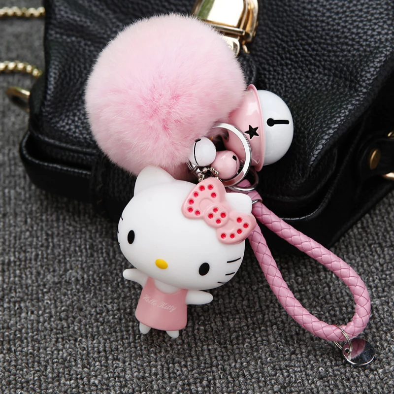 Cartoon Hello Kitty Pink Cat Colorful Bells Bunny Fur Pompom Keychain