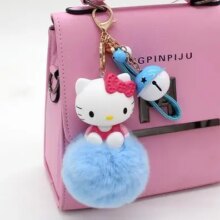 Cartoon Hello Kitty Pink Cat Colorful Bells Bunny Fur Pompom Keychain Cartoon Hello Kitty Pink Cat Colorful Bells Bunny Fur Pompom Keychain