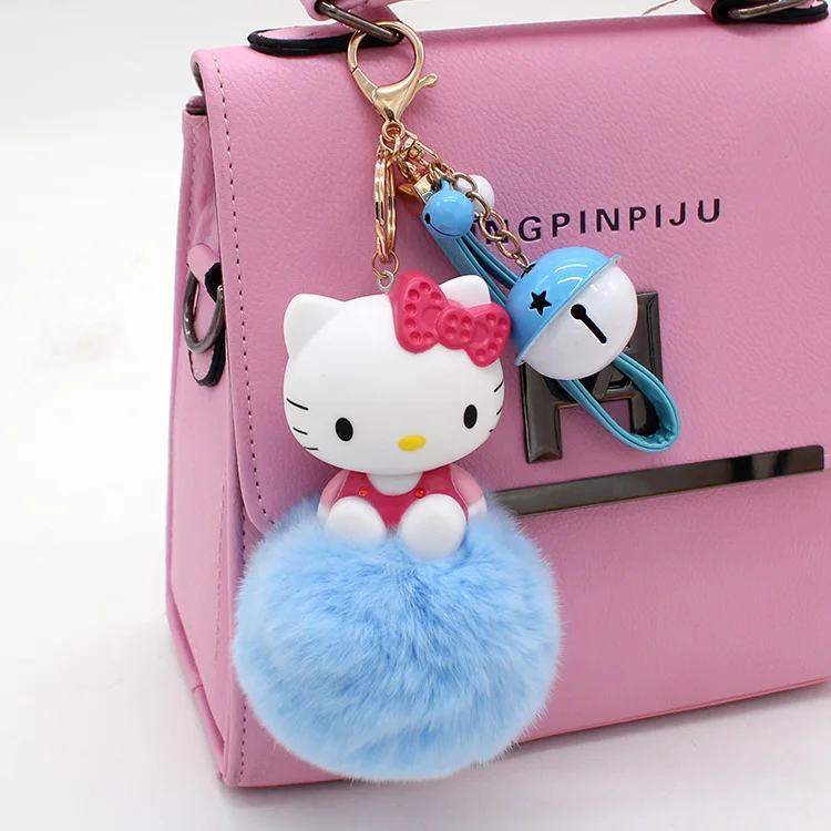 Cartoon Hello Kitty Pink Cat Colorful Bells Bunny Fur Pompom Keychain