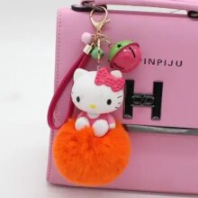 Cartoon Hello Kitty Pink Cat Colorful Bells Bunny Fur Pompom Keychain Cartoon Hello Kitty Pink Cat Colorful Bells Bunny Fur Pompom Keychain