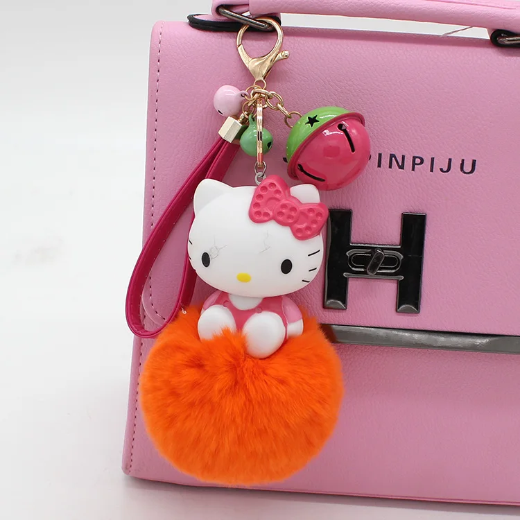 Cartoon Hello Kitty Pink Cat Colorful Bells Bunny Fur Pompom Keychain