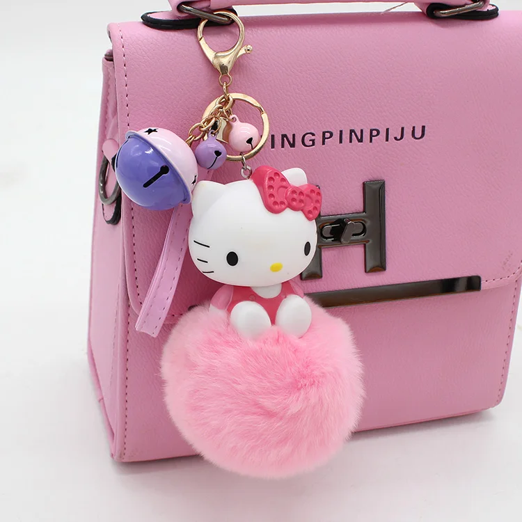 Cartoon Hello Kitty Pink Cat Colorful Bells Bunny Fur Pompom Keychain