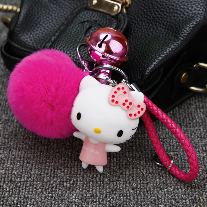 Cartoon Hello Kitty Pink Cat Colorful Bells Bunny Fur Pompom Keychain