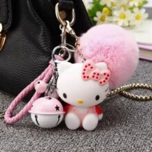 Cartoon Hello Kitty Pink Cat Colorful Bells Bunny Fur Pompom Keychain Cartoon Hello Kitty Pink Cat Colorful Bells Bunny Fur Pompom Keychain