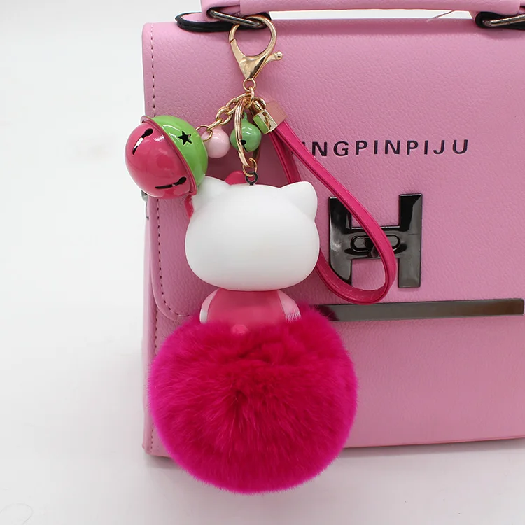 Cartoon Hello Kitty Pink Cat Colorful Bells Bunny Fur Pompom Keychain