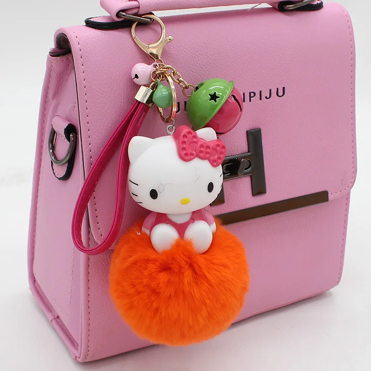 Cartoon Hello Kitty Pink Cat Colorful Bells Bunny Fur Pompom Keychain