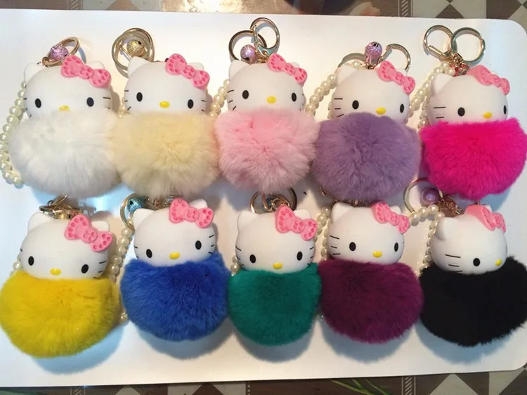 Cartoon Hello Kitty Pink Cat Colorful Bells Bunny Fur Pompom Keychain