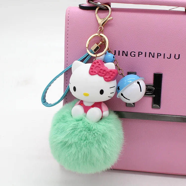 Cartoon Hello Kitty Pink Cat Colorful Bells Bunny Fur Pompom Keychain
