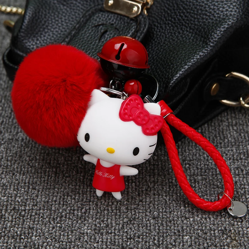 Cartoon Hello Kitty Pink Cat Colorful Bells Bunny Fur Pompom Keychain