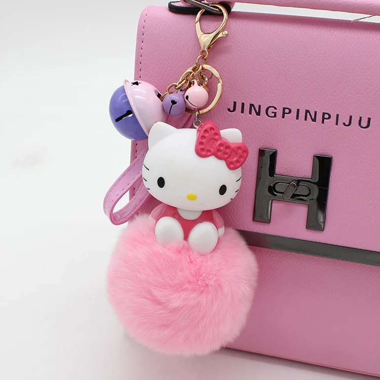 Cartoon Hello Kitty Pink Cat Colorful Bells Bunny Fur Pompom Keychain
