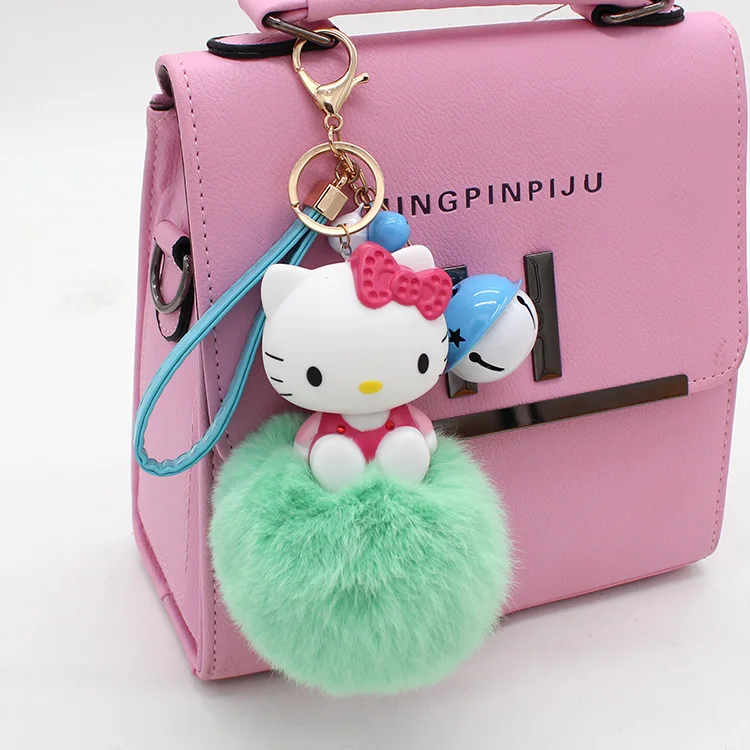 Cartoon Hello Kitty Pink Cat Colorful Bells Bunny Fur Pompom Keychain