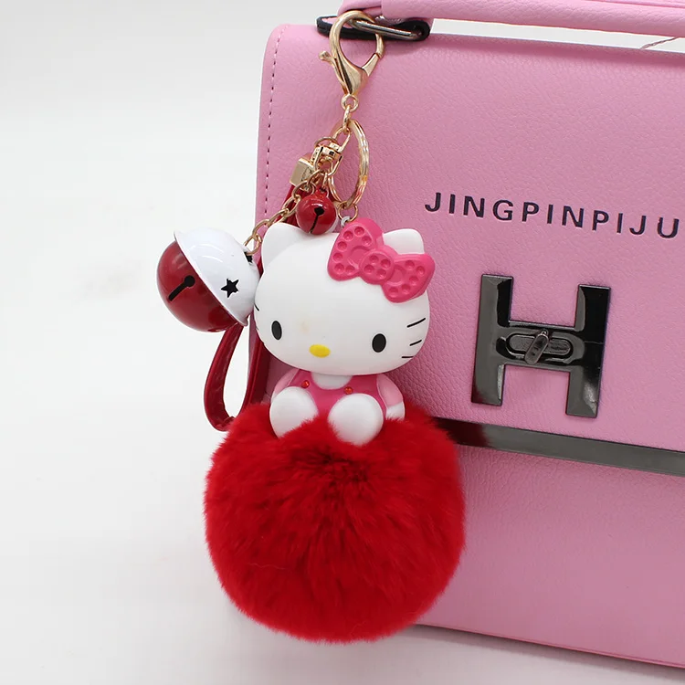 Cartoon Hello Kitty Pink Cat Colorful Bells Bunny Fur Pompom Keychain