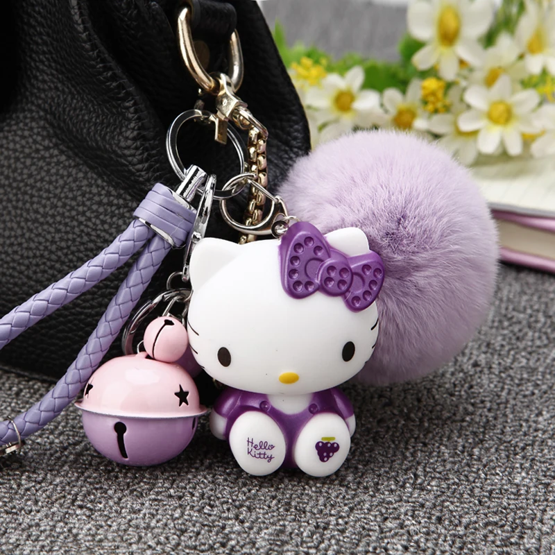 Cartoon Hello Kitty Pink Cat Colorful Bells Bunny Fur Pompom Keychain