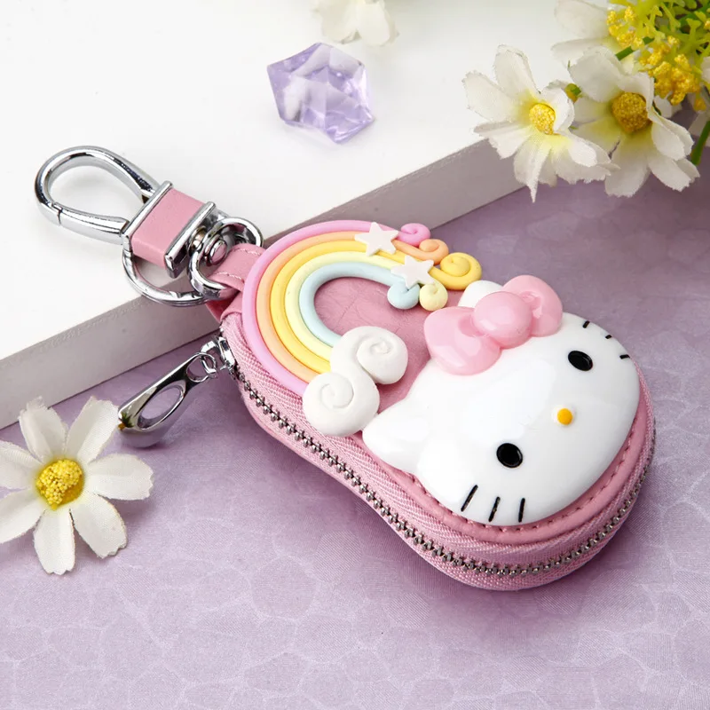 Hello Kitty Cartoon Leather Zipper Wallet Style Keychain