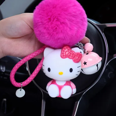 Hello Kitty PomPom Cartoon Ball & Leather Strap Keychain