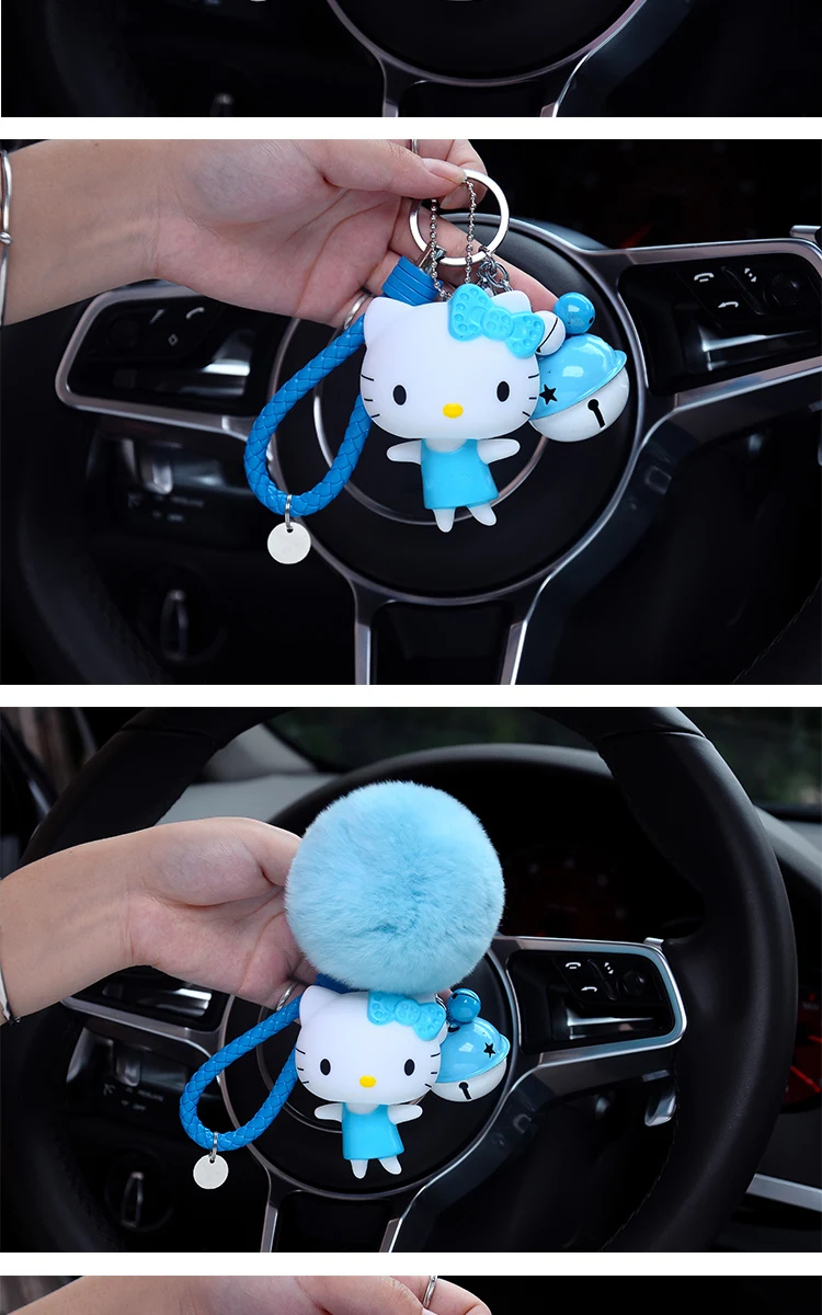 Hello Kitty PomPom Cartoon Ball & Leather Strap Keychain