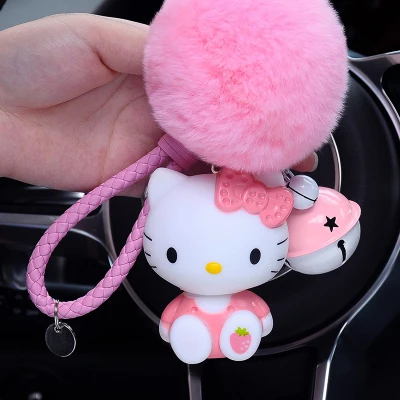 Hello Kitty PomPom Cartoon Ball & Leather Strap Keychain