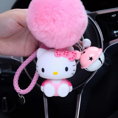 Hello Kitty PomPom Cartoon Ball & Leather Strap Keychain