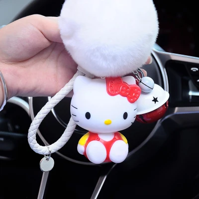 Hello Kitty PomPom Cartoon Ball & Leather Strap Keychain
