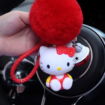 Hello Kitty PomPom Cartoon Ball & Leather Strap Keychain