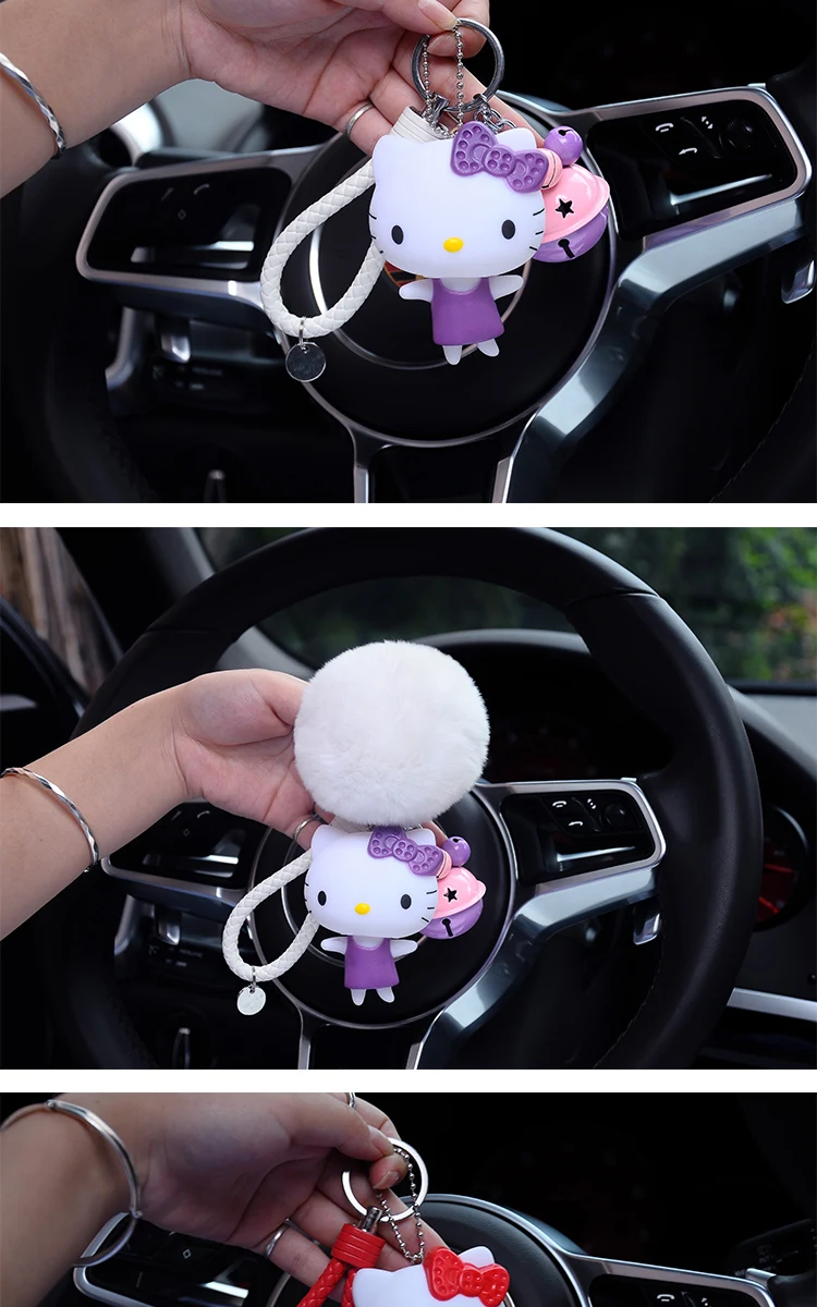 Hello Kitty PomPom Cartoon Ball & Leather Strap Keychain