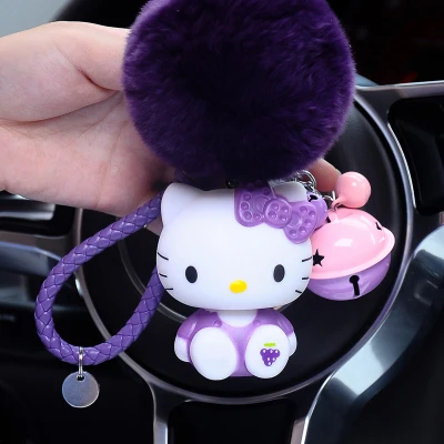 Hello Kitty PomPom Cartoon Ball & Leather Strap Keychain