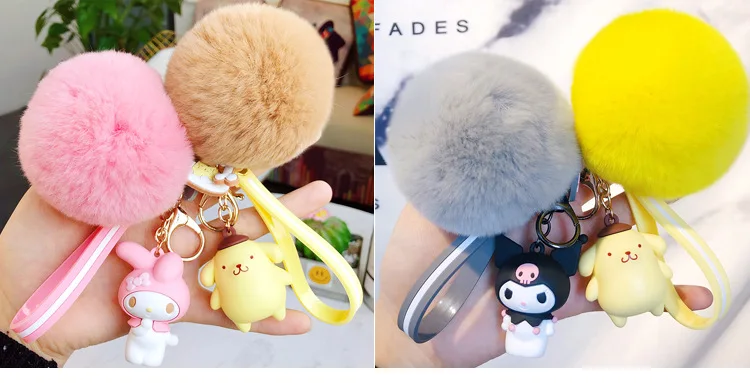 Hello Kitty/Frog/Dog Cartoon Keychain With Fur Ball