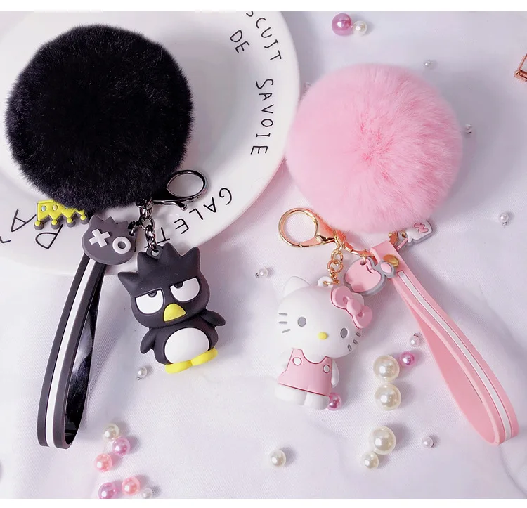 Hello Kitty/Frog/Dog Cartoon Keychain With Fur Ball
