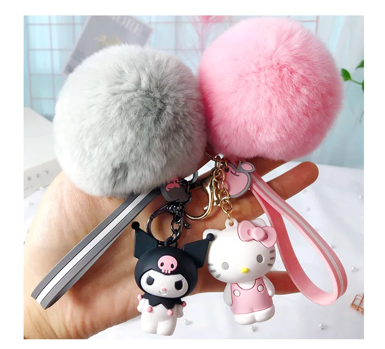 Hello Kitty/Frog/Dog Cartoon Keychain With Fur Ball