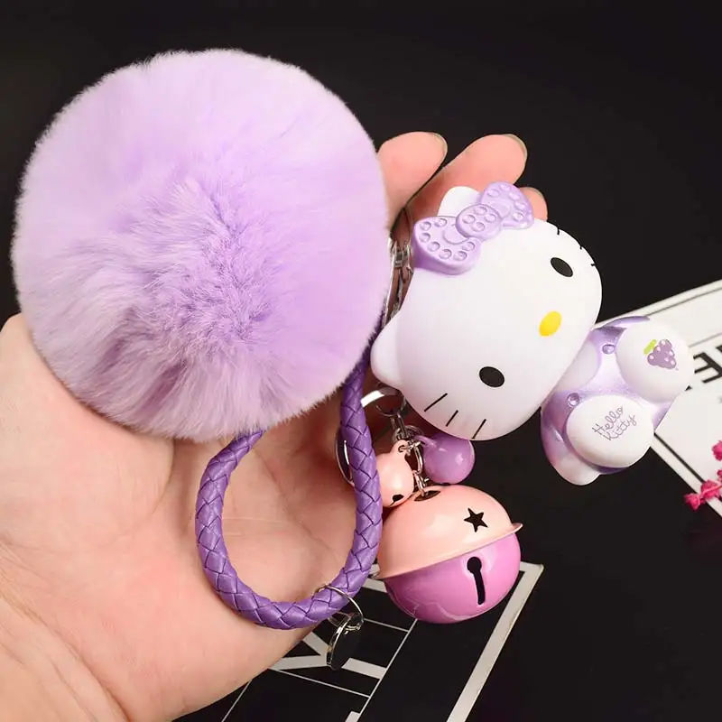 Hello Kitty Pom Pom Cartoon Keychain With Fur Ball & Bell Hello Kitty Pom Pom Cartoon Keychain With Fur Ball & Bell