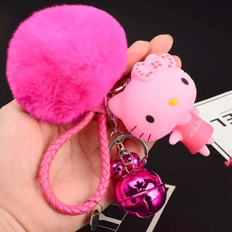Hello Kitty Pom Pom Cartoon Keychain With Fur Ball & Bell Hello Kitty Pom Pom Cartoon Keychain With Fur Ball & Bell