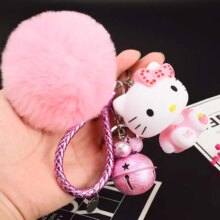 Hello Kitty Pom Pom Cartoon Keychain With Fur Ball & Bell Hello Kitty Pom Pom Cartoon Keychain With Fur Ball & Bell