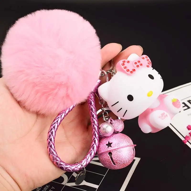 Hello Kitty Pom Pom Cartoon Keychain With Fur Ball & Bell Hello Kitty Pom Pom Cartoon Keychain With Fur Ball & Bell