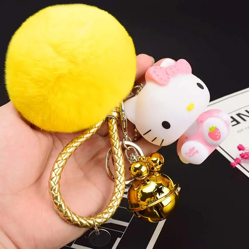 Hello Kitty Pom Pom Cartoon Keychain With Fur Ball & Bell Hello Kitty Pom Pom Cartoon Keychain With Fur Ball & Bell