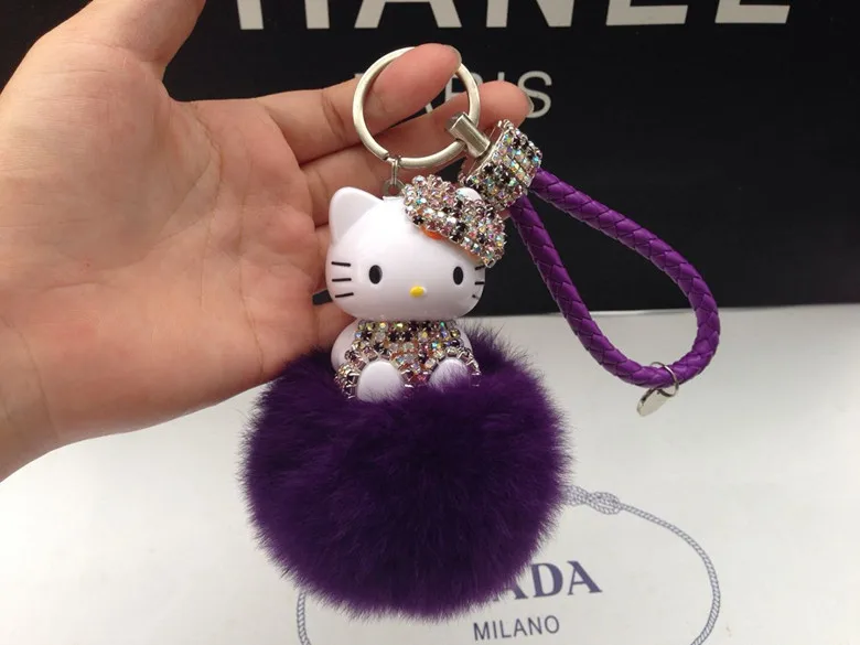 Hello Kitty Colorful Bells Crystal Pompom Leather Metal Pendant