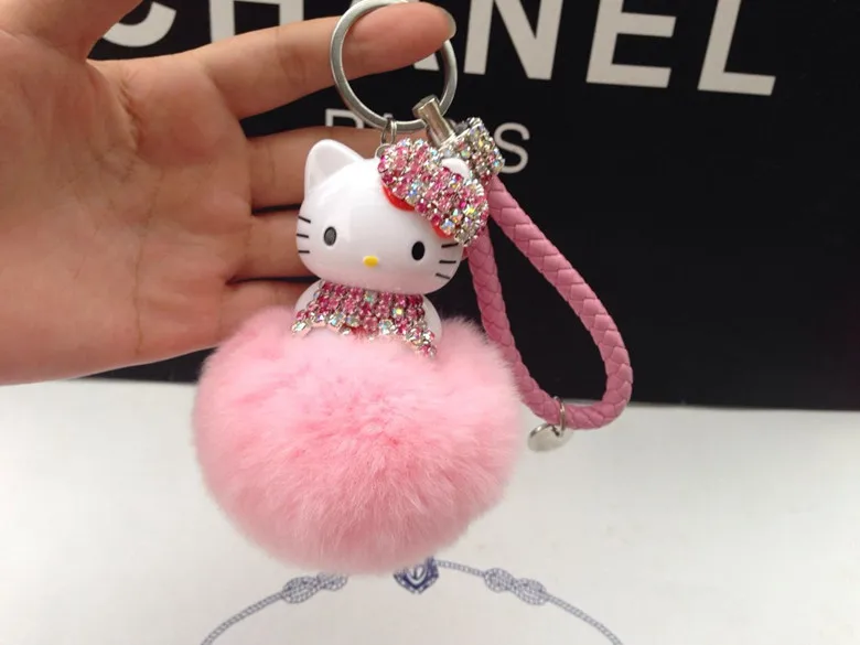 Hello Kitty Colorful Bells Crystal Pompom Leather Metal Pendant