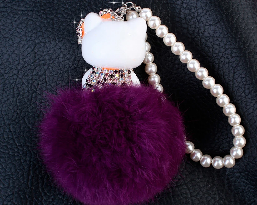 Hello Kitty Colorful Bells Crystal Pompom Leather Metal Pendant