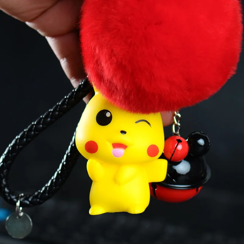 Pokemon Pikachu Cartoon Keychain With Fur Ball Fluffy Pompom Dolls