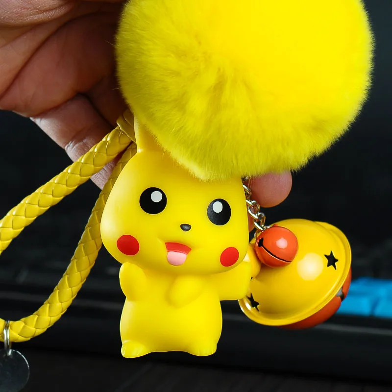 Pokemon Pikachu Cartoon Keychain With Fur Ball Fluffy Pompom Dolls