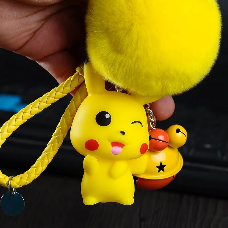 Pokemon Pikachu Cartoon Keychain With Fur Ball Fluffy Pompom Dolls