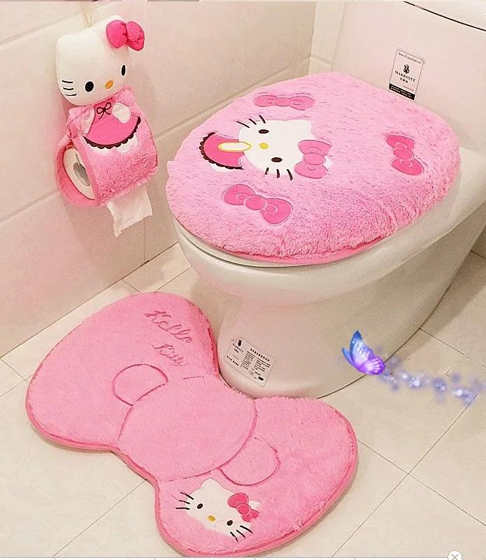 Hello Kitty Toilet Seat Cover Bath Mat Holder Bathroom Set