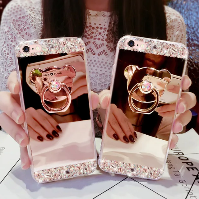 Hello Kitty Luxury Phone Case Cover For for iPhone X XR XA Max Mirror Diamond Case for iPhone 7 8 Plus 6 6S Plus 55S With Ring Stand