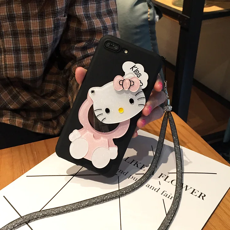 Hello Kitty Cat Cartoon Mirror Matte Soft Phone Cases With Strap