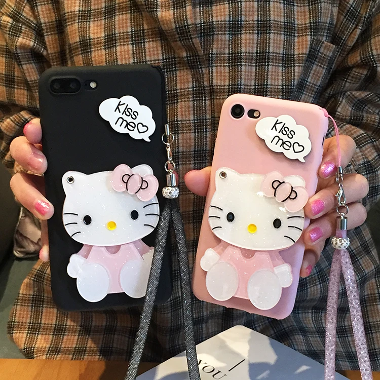 Hello Kitty Cat Cartoon Mirror Matte Soft Phone Cases With Strap