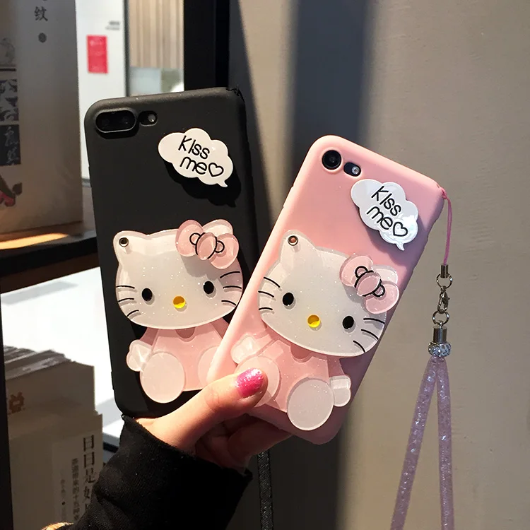 Hello Kitty Cat Cartoon Mirror Matte Soft Phone Cases With Strap