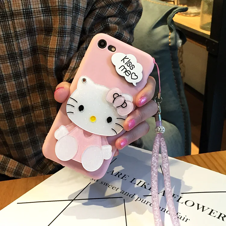 Hello Kitty Cat Cartoon Mirror Matte Soft Phone Cases With Strap