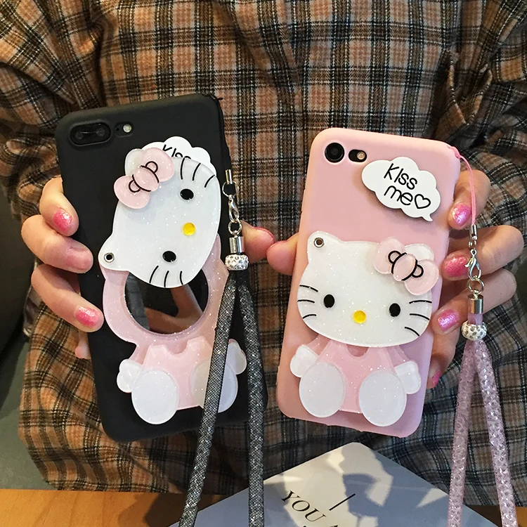 Hello Kitty Cat Cartoon Mirror Matte Soft Phone Cases With Strap