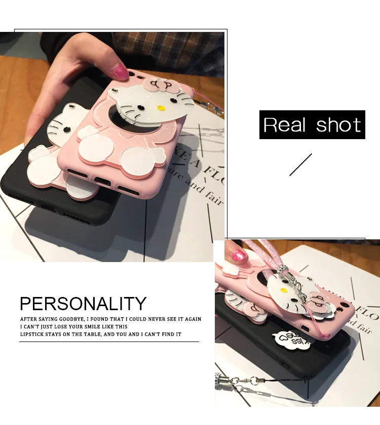 Hello Kitty Cat Cartoon Mirror Matte Soft Phone Cases With Strap